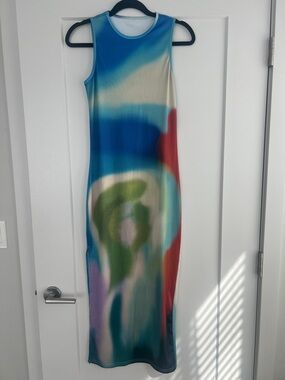 Abstract Multicolor Sleeveless Maxi Dress - Blue, Green, Red